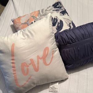 Brand New Floral and Script Pillow Set - White, Pink, and Blue
